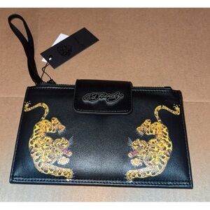 Ed Hardy Black Leopard wristlet wallet new